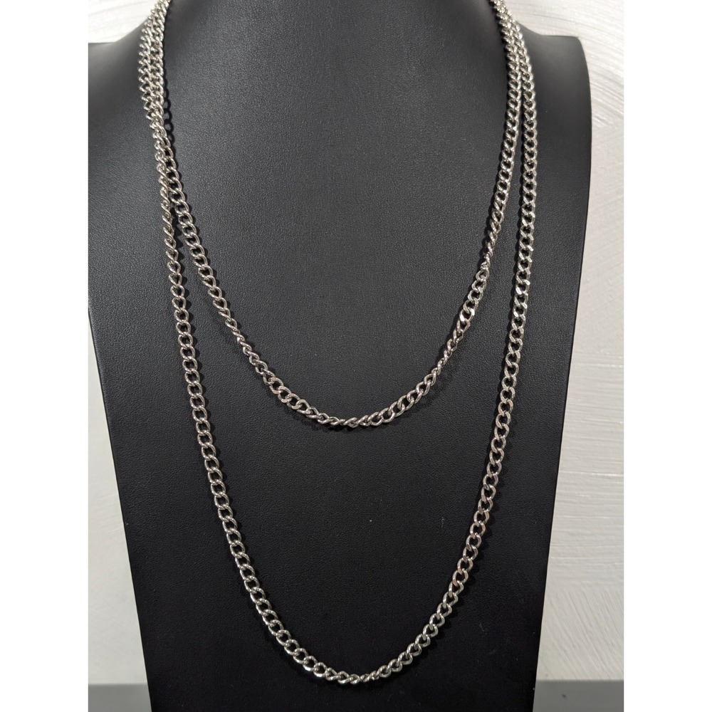 Vintage Silver Tone Curb Cuban Chain Very Long Necklace Opera 54 inch‎